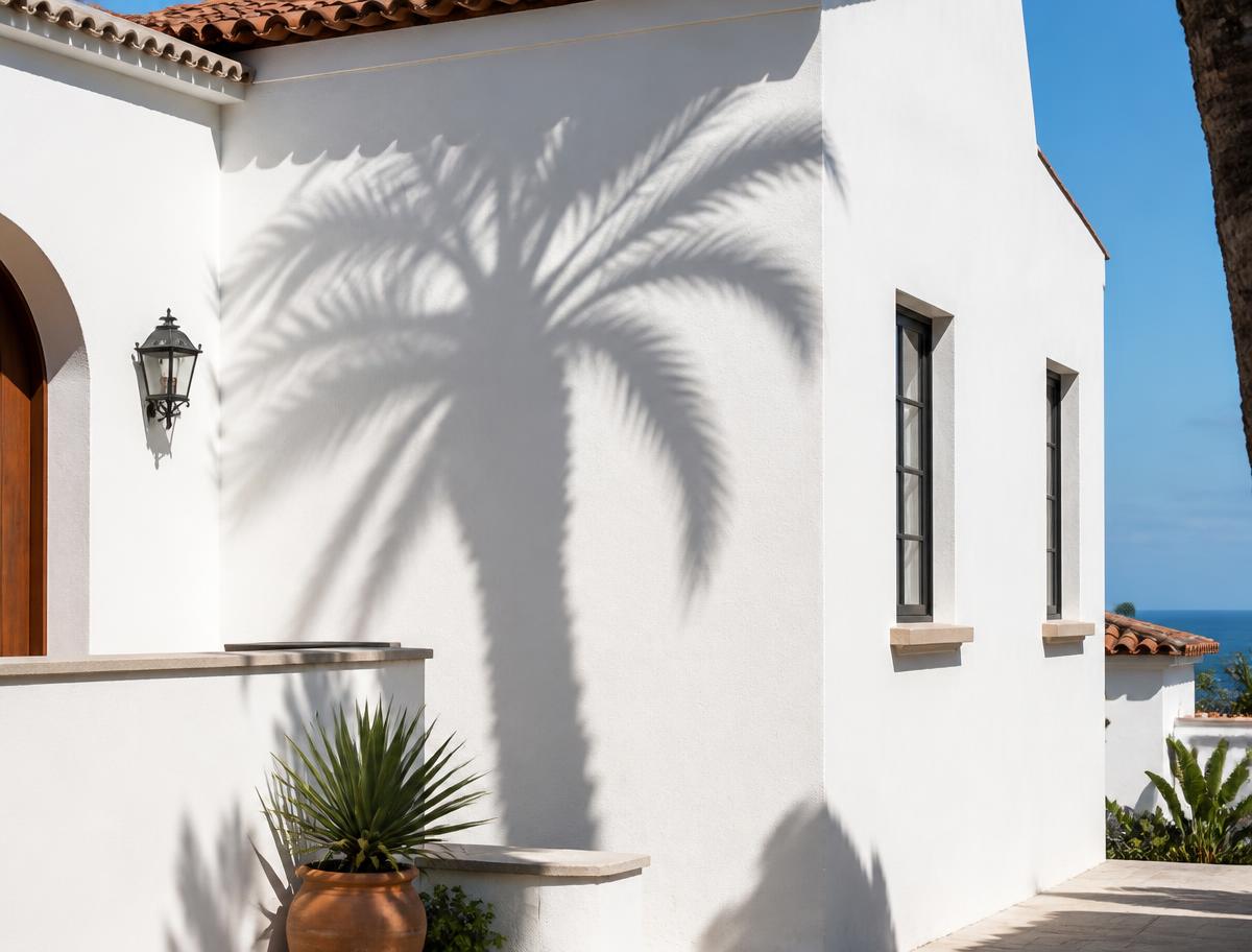 Sunlit white stucco exterior wall