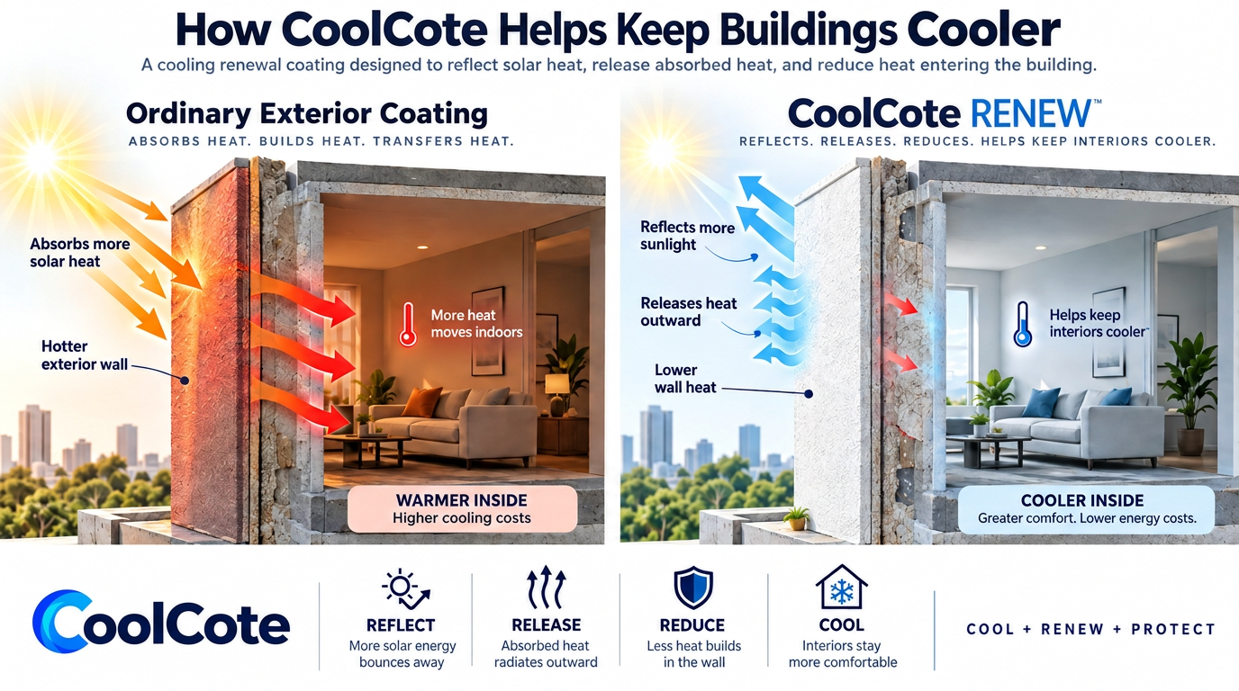 Conceptual comparison showing how a reflective CoolCote coating reflects more sunlight and releases absorbed heat outward