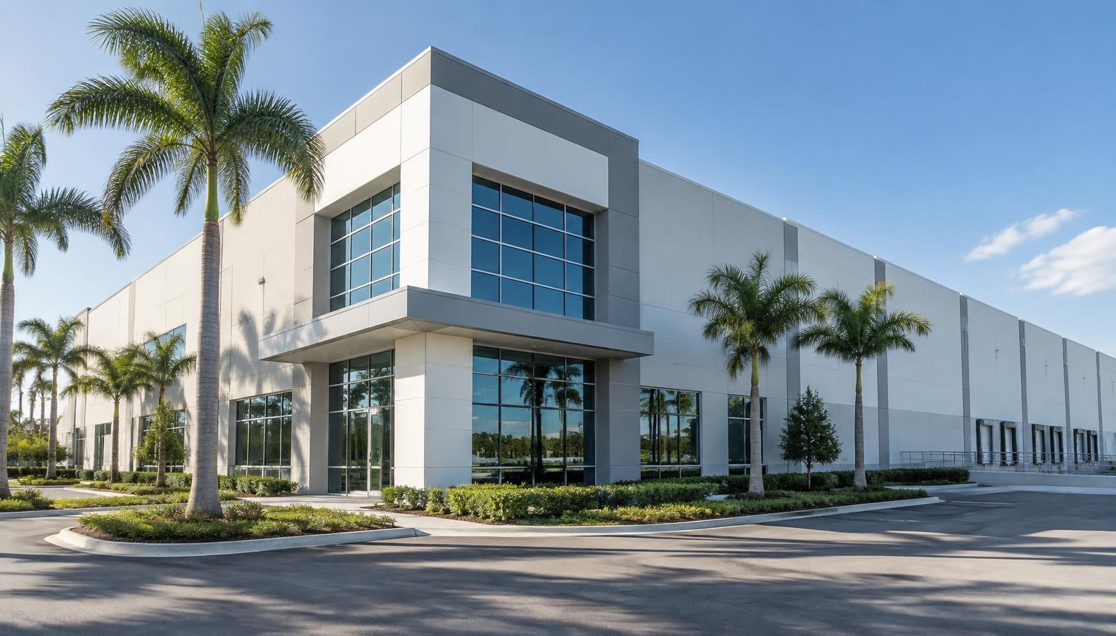 Modern white Florida commercial building with sun-exposed exterior walls and palm trees